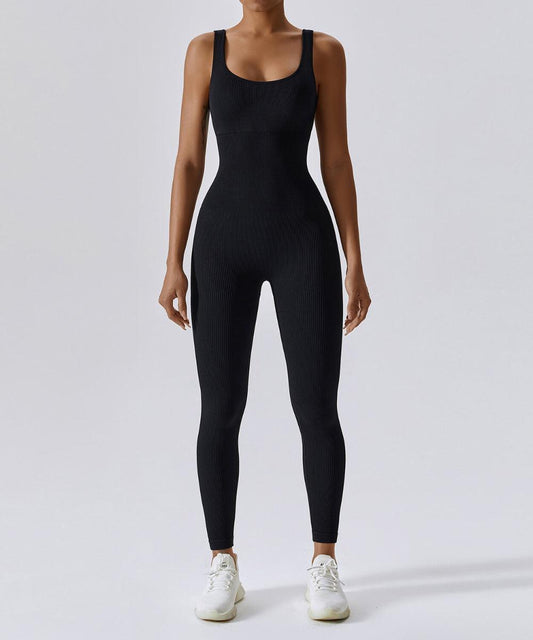 Ribbed Solid Color Tummy Control Sleeveless Seamless Jumpsuit - MOOSLOVER